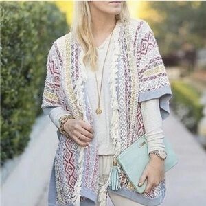 Cabi Womens Siesta Boho Multicolor Stripe Textured Fringe Poncho xs/s